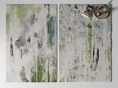 Modern Artistic Square Rug With Green White Blue Abstract Brushstroke Patterns For Home Decor 3d model