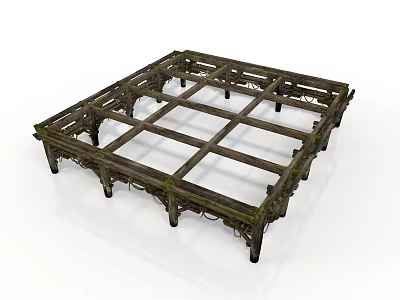 Rustic Wooden Frame Structure With Cross Planks And Moss Covered Support Legs 3d model