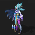 Fantasy Game Movie Character With Blue Hair Cat Ears Purple Blue Outfit Blue Cape And Weapons
