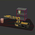 Yellow And Black Robotic Arm Moving Box By Red Storage Shelf In Industrial Scene