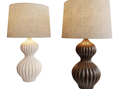 Two Modern Table Lamps With White And Dark Brown Ribbed Bases And Beige Fabric Shades 3d model