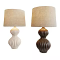 Two Modern Table Lamps With White And Dark Brown Ribbed Bases And Beige Fabric Shades
