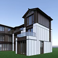 Modern Townhouse Exterior Design With Large Glass Windows White Dark Facade And Green Lawn