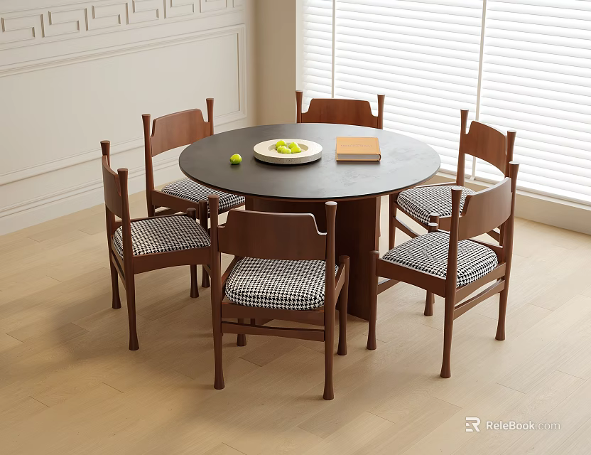 Round Dining Table And Checkered Seat Chairs With Fruit Plate In Bright Room With Blinds 3d model 