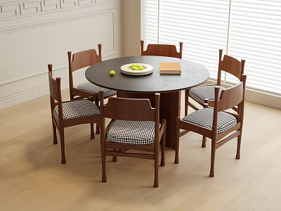 Round Dining Table And Checkered Seat Chairs With Fruit Plate In Bright Room With Blinds 3d model
