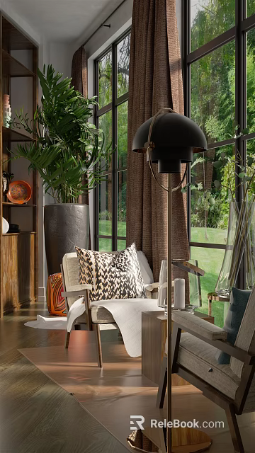 Cozy Modern Casual Sofa Set in Living Room with Patterned Pillows Plants and Natural Light 3d model 
