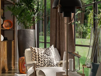 Cozy Modern Casual Sofa Set in Living Room with Patterned Pillows Plants and Natural Light 3d model