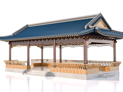 Classic Chinese Pavilion Featuring Blue Tiled Roof And Ornate Wooden Railings 3d model