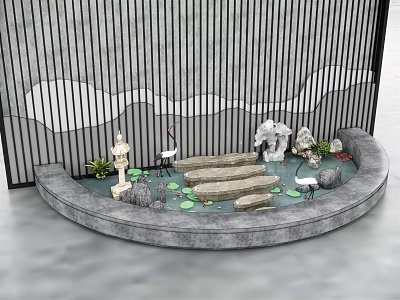 Garden Ornament Featuring Curved Pool Water Lilies Crane Statues Pagoda And Lattice Screen 3d model