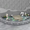 Garden Ornament Featuring Curved Pool Water Lilies Crane Statues Pagoda And Lattice Screen
