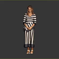 Woman in Blue and White Striped Dress with Crossed Hands Wearing Orange Shoes Gray Background
