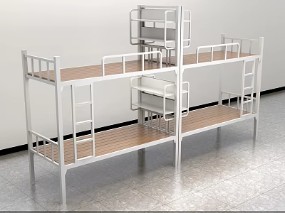 White Metal Frame Bunk Bed With Wooden Slats And Ladder For Dormitory Space 3d model