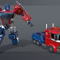 Detailed Large Red And Blue Robot Figure With Small Red Truck Model