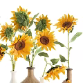 Decorative Ornament Set With Yellow Sunflowers And Brown White Ceramic Vases Small Dot Patterns