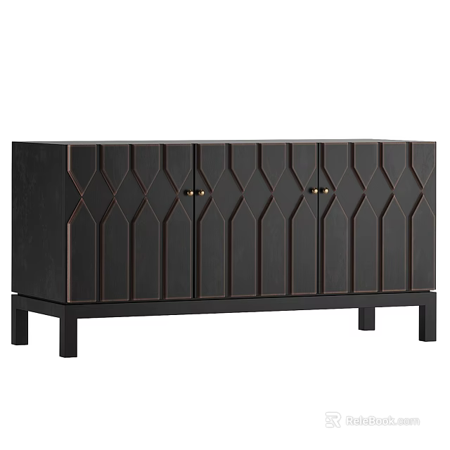 Modern Dark Brown TV Stand With Diamond Pattern Cabinet Doors And Gold Handles 3d model 