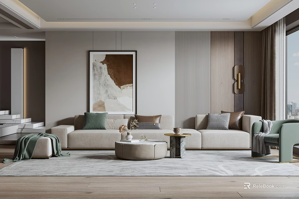 Modern Living Room Interior With Beige Sofa Throw Pillows Wall Art And Coffee Table 3d model 