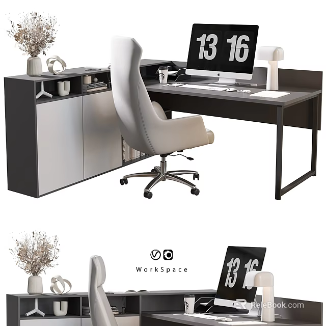 Modern Office Desk Setup With White Chair Computer Monitor Desk Lamp And Decorative Vase 3d model 