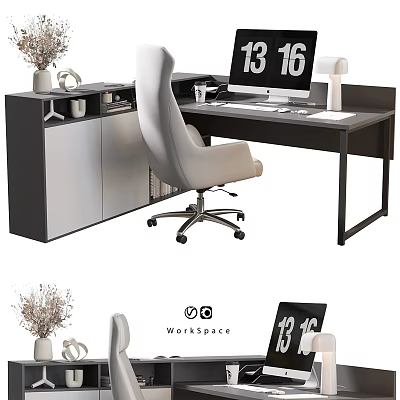 Modern Office Desk Setup With White Chair Computer Monitor Desk Lamp And Decorative Vase 3d model