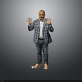 Man in plaid blazer white shirt blue jeans and sandals spreading hands on grey background