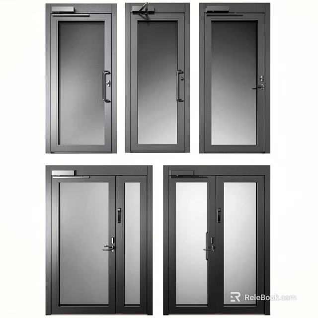 Modern Single And Double Swing Doors With Black Frame Glass Panels Design 3d model 