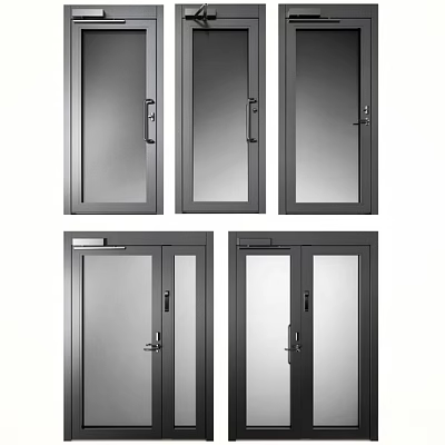 Modern Single And Double Swing Doors With Black Frame Glass Panels Design 3d model
