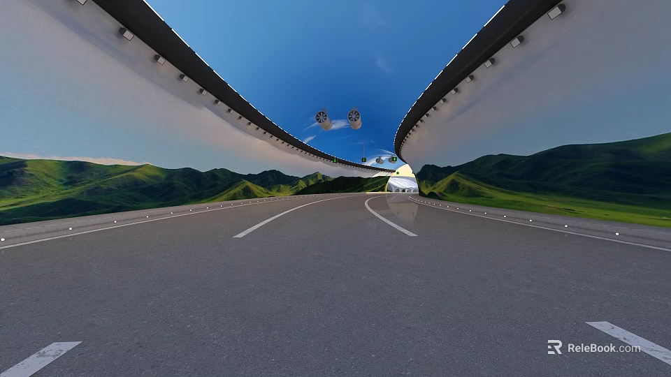 Wide Road With Overpass Structure Guardrails And Clear Road Markings 3d model 