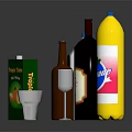 Assorted Wine Bottles and Glassware with Fruit Juice Vinegar Soft Drink and Measuring Cup
