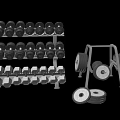 Organized Sports Equipment With Black And Silver Dumbbells On Rack And Weight Plates