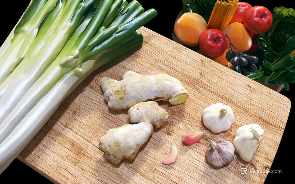 Fresh Leeks Ginger And Garlic On Wooden Cutting Board With Fruits 3d model 