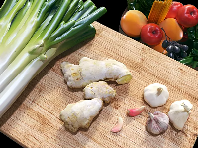Fresh Leeks Ginger And Garlic On Wooden Cutting Board With Fruits 3d model