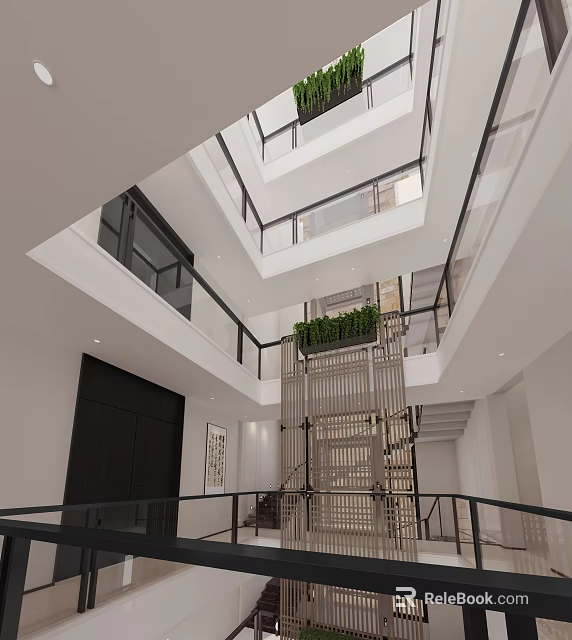Modern Multi Storey Atrium Interior With Central Staircase Glass Railings And Green Plants 3d model 