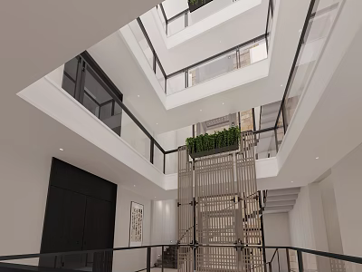 Modern Multi Storey Atrium Interior With Central Staircase Glass Railings And Green Plants 3d model