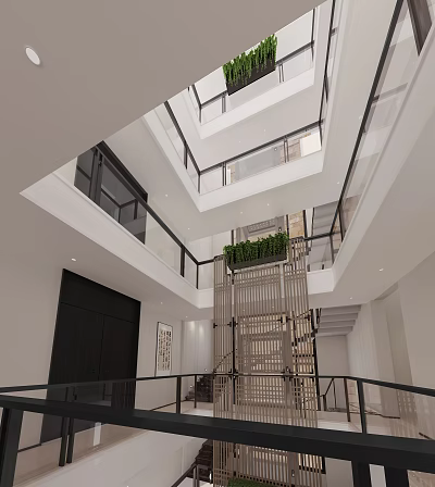 Modern Multi Storey Atrium Interior With Central Staircase Glass Railings And Green Plants 3d model