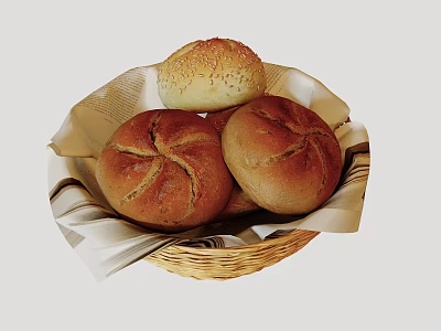 Fresh Homemade Bread in a Woven Basket with Cross Patterns and Sesame Seeds 3d model