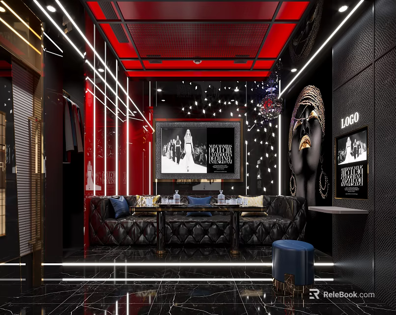 Luxurious KTV Interior Design With Black Leather Sofa And Red Ceiling Lights 3d model 