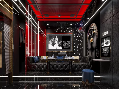 Luxurious KTV Interior Design With Black Leather Sofa And Red Ceiling Lights 3d model