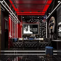 Luxurious KTV Interior Design With Black Leather Sofa And Red Ceiling Lights 3d model