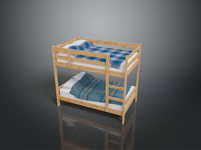 Wooden Bunk Bed Frame With Upper Lower Twin Mattresses And Plaid Sheets 3d model