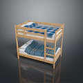 Wooden Bunk Bed Frame With Upper Lower Twin Mattresses And Plaid Sheets