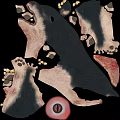 Two Black Wolves with Open Mouths Standing on Checkered Floor Against Blue Sky and Sea