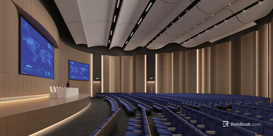 Large Modern Conference Room Featuring Blue Seats Curved Seating Podium Big Screens And Wooden Walls 3d model 