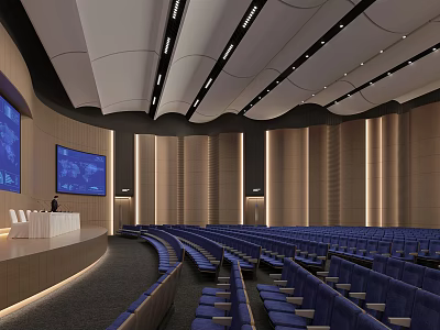 Large Modern Conference Room Featuring Blue Seats Curved Seating Podium Big Screens And Wooden Walls 3d model