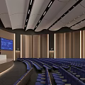 Large Modern Conference Room Featuring Blue Seats Curved Seating Podium Big Screens And Wooden Walls