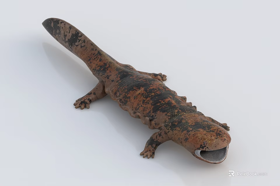 Aquatic Animal Brown Black Spotted Salamander With Open Mouth Long Tail And Limbs 3d model 
