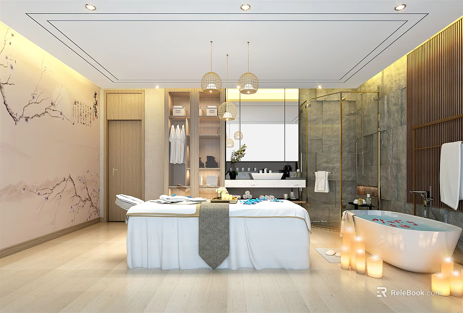 Luxury SPA Sauna Room With Massage Bed Bathtub Candles Vanity And Modern Decor 3d model 