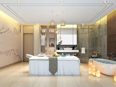 Luxury SPA Sauna Room With Massage Bed Bathtub Candles Vanity And Modern Decor 3d model