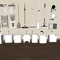 Bathroom Essentials Collection Featuring Sinks Towel Racks Cleaning Tools And Mirrors 3d model