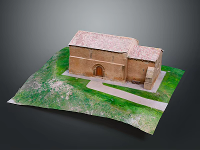 Small Brick Model Building With Red Roof On Green Grass And Pathway 3d model