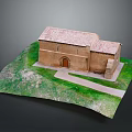 Small Brick Model Building With Red Roof On Green Grass And Pathway