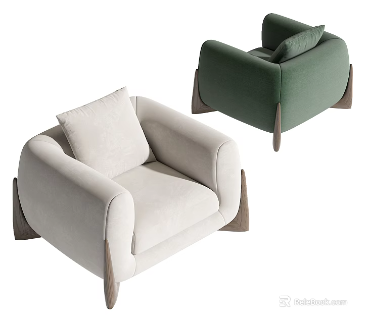 Modern Beige And Green Single Sofa With Comfortable Cushion Armrest And Support Legs 3d model 